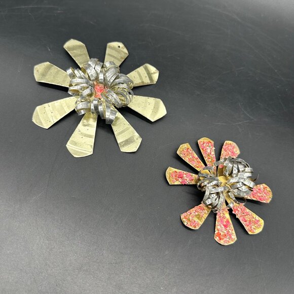 Vintage Flower Christmas Ornaments Handmade Tin Metal Pink Gold Floral Retro - Picture 1 of 7